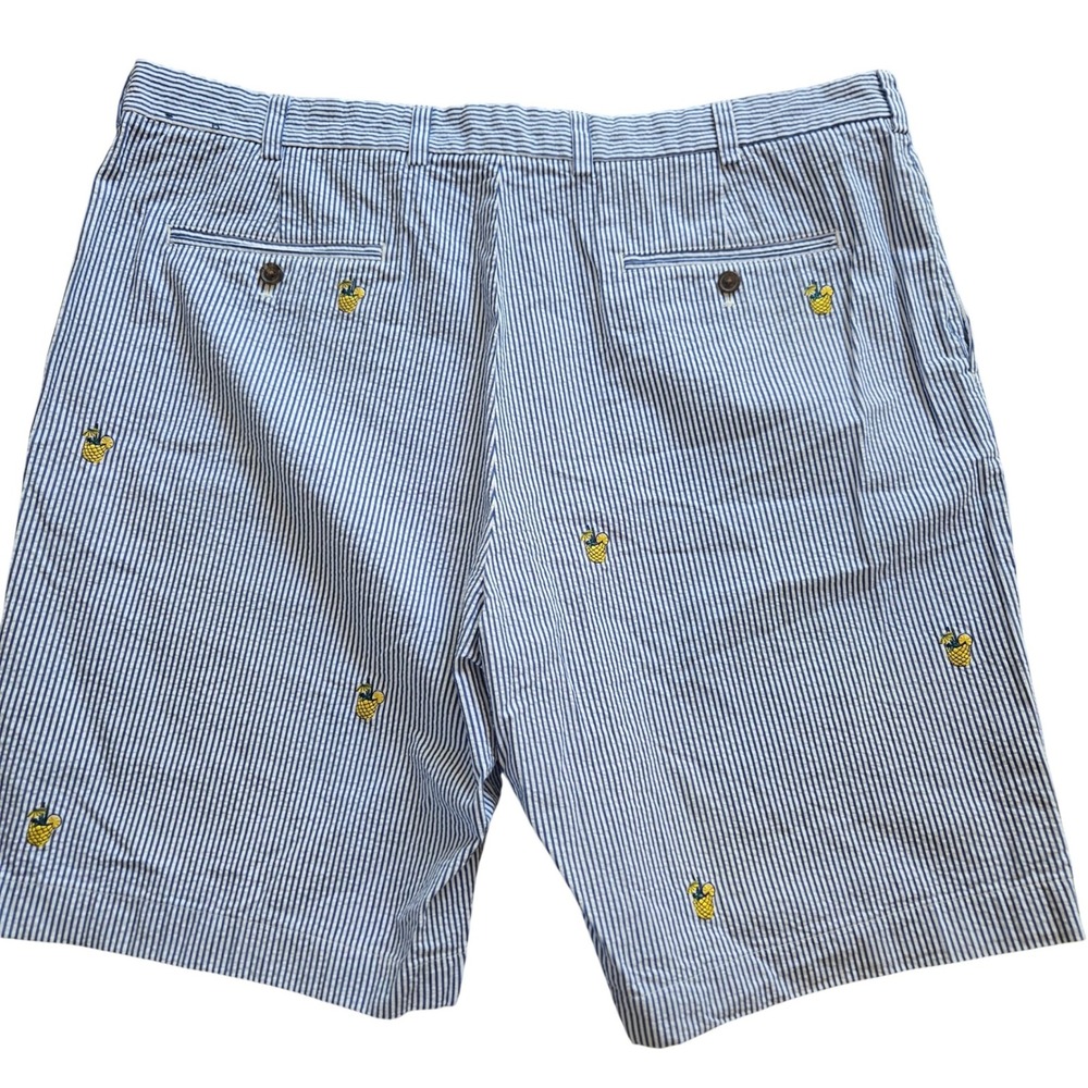Brooks Brothers Mens 42 Seersucker Shorts Blue White Striped Pineapple Cocktail - Picture 2 of 10